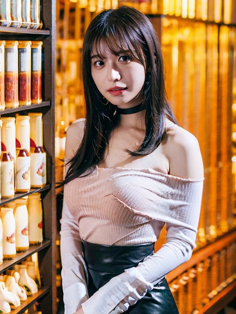 best quality, ultra high res, (photorealistic:1.4), 1girl, off-shoulder white shirt, black tight skirt, black choker, (faded ash gray hair:1), looking at viewer, Cleavage、tits