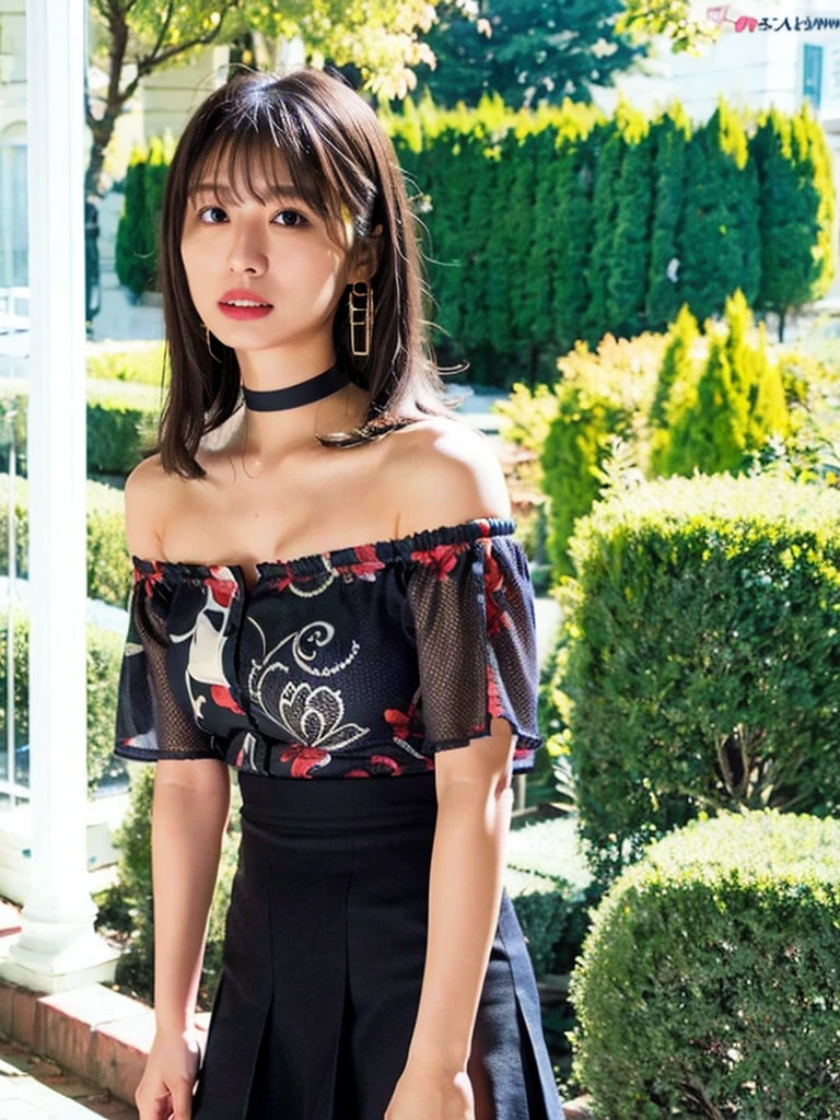 best quality, ultra high res, (photorealistic:1.4), 1girl, off-shoulder white shirt, black tight skirt, black choker, (faded ash gray hair:1), looking at viewer, Cleavage、tits