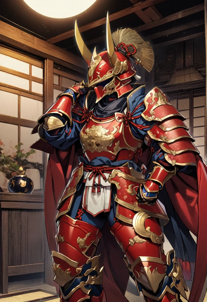 1girl, samurai \(final fantasy\), final fantasyJapanese samurai armor, Helmet, Breastplate,Pauldrons,Vambraces,Gauntlets,Faulds,Cuisses,Poleyns,Greaves,ornate and detailed, with layered plates and intricate lacing. Traditional kabuto helmet with crescent moon-shaped crest. Rich colors of deep red lacquer and gold accent.,holding a ajapanese sword,japanese room,edo period,masterpiece, best quality, absurdres,
