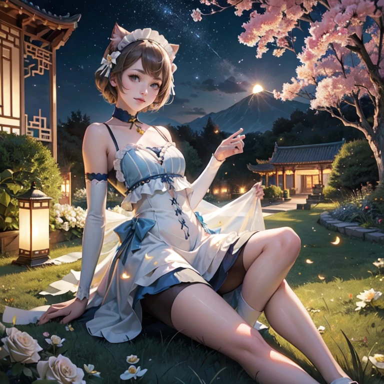 1girl, white roses, ornament hair, cat ears, roses on her hair, maid, maid dress, maid headdress, maid apron, light brown hair, short hair, seat on the grass, garden scene, Chinese maid dress, gold lantern, blue dress, more details on her clothes, golden details, night, smiling, chinese style, solo, alone, crystal, curtains, full moon on the sky, laces, frills, sparkles, fireflies, seat on the grass, chinese architecture on the background, white roses on the floor, oriental garden scenery, solo, 1 girl