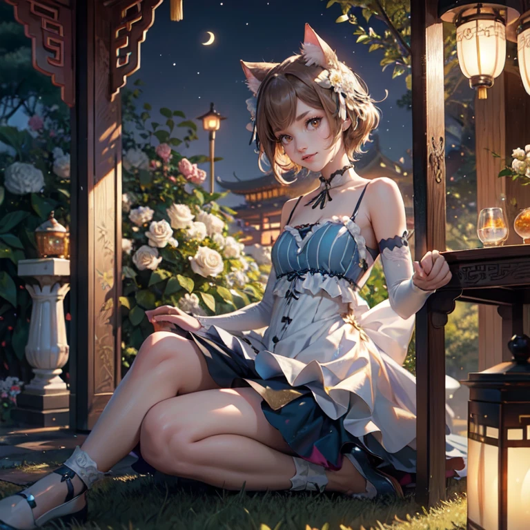 1girl, white roses, ornament hair, cat ears, roses on her hair, maid, maid dress, maid headdress, maid apron, light brown hair, short hair, seat on the grass, garden scene, Chinese maid dress, gold lantern, blue dress, more details on her clothes, golden details, night, smiling, chinese style, solo, alone, crystal, curtains, full moon on the sky, laces, frills, sparkles, fireflies, seat on the grass, chinese architecture on the background, white roses on the floor, oriental garden scenery, solo, 1 girl