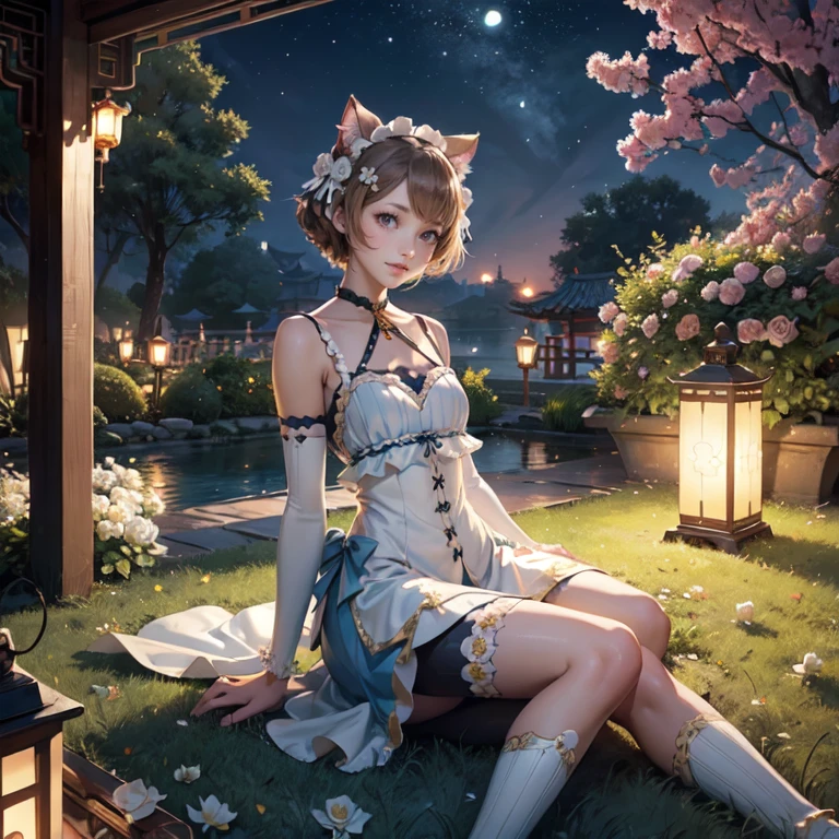 1girl, white roses, ornament hair, cat ears, roses on her hair, maid, maid dress, maid headdress, maid apron, light brown hair, short hair, seat on the grass, garden scene, Chinese maid dress, gold lantern, blue dress, more details on her clothes, golden details, night, smiling, chinese style, solo, alone, crystal, curtains, full moon on the sky, laces, frills, sparkles, fireflies, seat on the grass, chinese architecture on the background, white roses on the floor, oriental garden scenery, solo, 1 girl