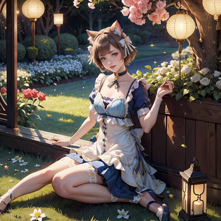 1girl, white roses, ornament hair, cat ears, roses on her hair, maid, maid dress, maid headdress, maid apron, light brown hair, short hair, seat on the grass, garden scene, Chinese maid dress, gold lantern, blue dress, more details on her clothes, golden details, night, smiling, chinese style, solo, alone, crystal, curtains, full moon on the sky, laces, frills, sparkles, fireflies, seat on the grass, chinese architecture on the background, white roses on the floor, oriental garden scenery, solo, 1 girl