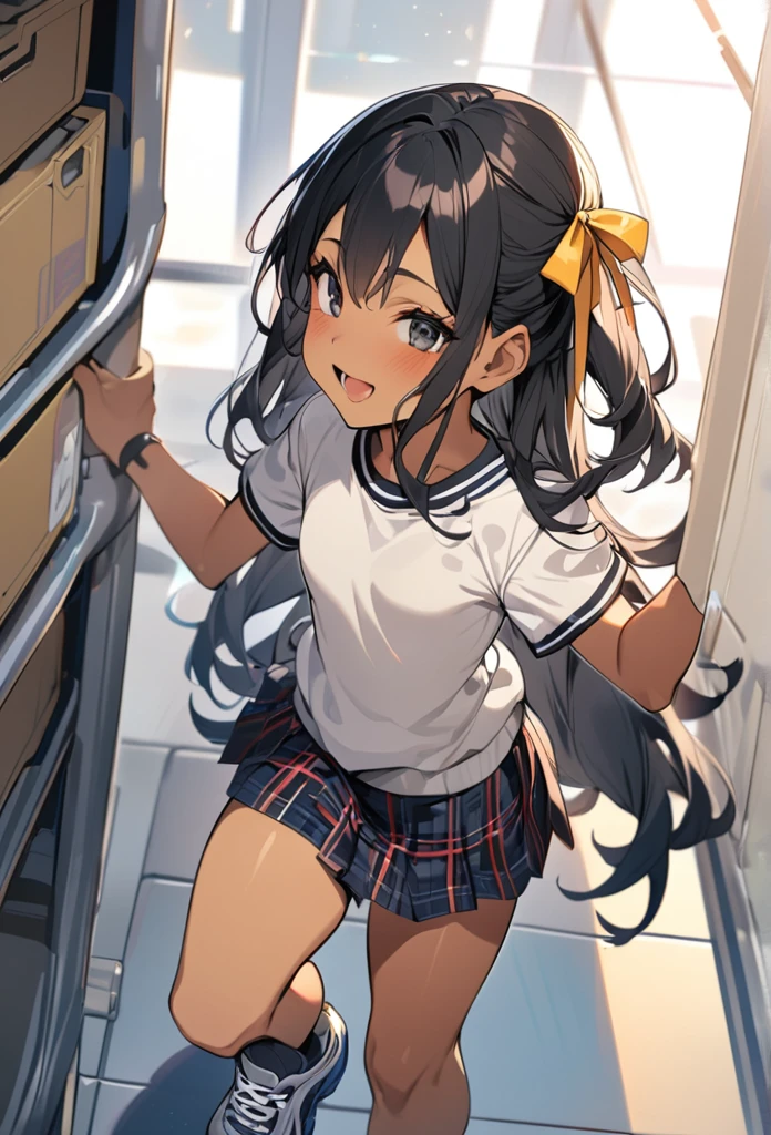 (anime style),masterpiece, best quality, extremely detailed,12Year old,tanned skin,dark skin, Beautiful tiny body,small breasts,BREAK,multicolored colorful black hair,long hair,for head,BREAK,black eyes,best smile,open mouth,detailed lips,BREAK,cotton Yellow big ribbon,BREAK,rippedoversized school sweater、tartan check Skirt,sporty shoes,playful gesture,break,head tilt,in the kids space