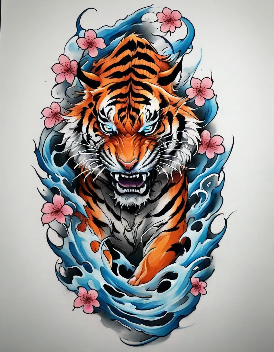 ((solo Tiger)), Traditional Japanese tattoo design, realistic tattoo art of Orange tiger with Blue eyes, he is with open mouth looking very fierce and angry, the background is Japanese wave tattoo with with pink sakura petal effect, (Unity 16K Wallpaper, masterpiece, Best Quality, high quality, Ultra-detailed, extremely details), ((solo Tiger)), Traditional Japanese tattoo design, realistic tattoo art of Orange tiger with Blue eyes, he is with open mouth looking very fierce and angry, the background is Japanese wave tattoo with with pink sakura petal effect, 
