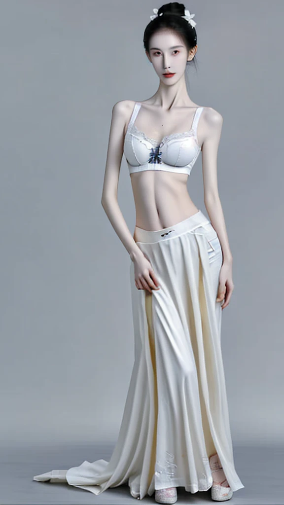 a woman, extremely thin body, visible bones, very slender, sweaty wet body, pale white skin, panties, bra, tattoo, full body, having mental breakdown in the night school, lying helpless
