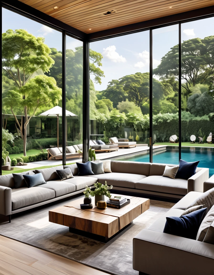 Design an elegant and contemporary living room with large glass windows offering a panoramic view of an outdoor pool and lush garden. The space should include a large gray sofa with decorative pillows, a striking wooden coffee table with a natural finish, and a stylish dark rug. Incorporate minimalist artwork on the walls and blend natural and modern elements seamlessly throughout the room. Make sure the space is filled with natural light, creating a bright, airy, and inviting atmosphere