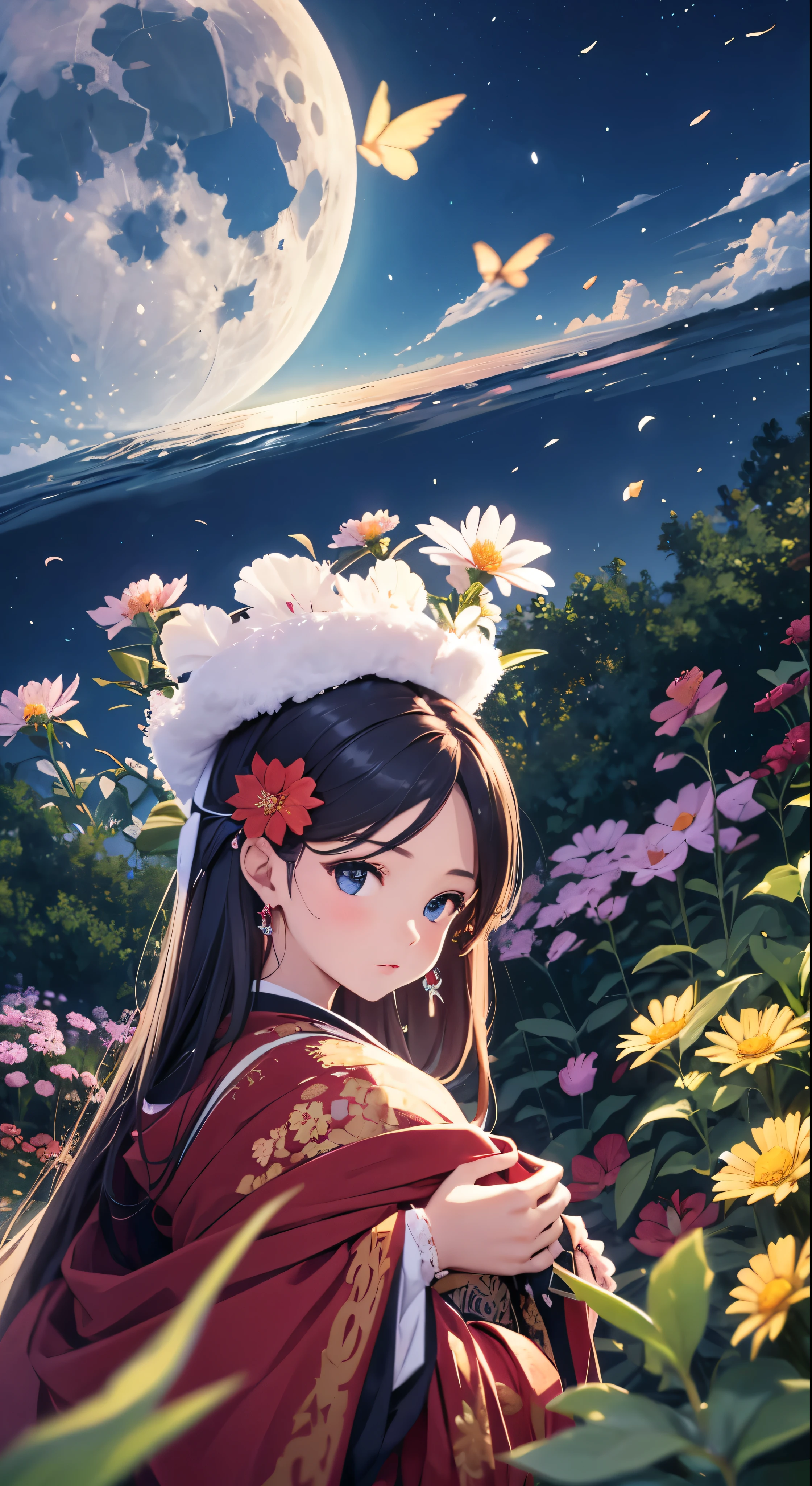 Highest quality、high_resolution、distinct_image、Detailed Background、girl、kimono、flower、garden、moon、night、holland angle、Wide Shot、Crown、