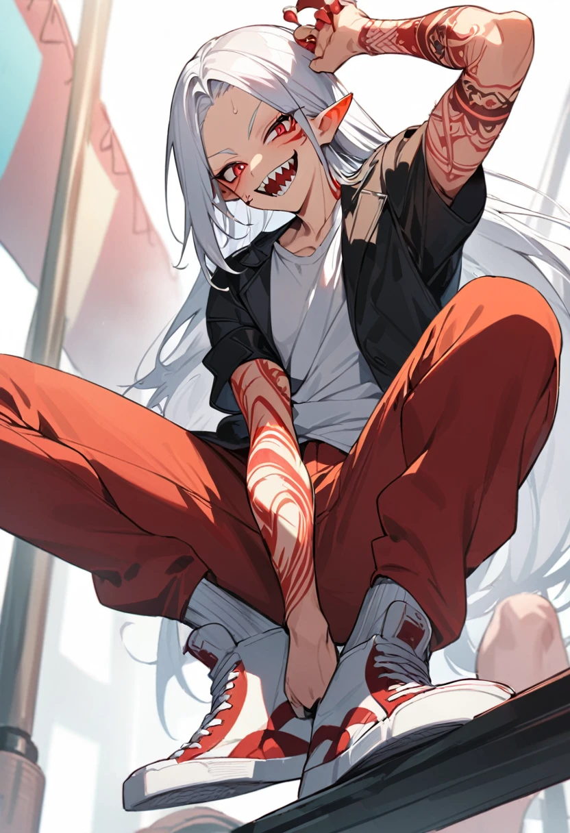 Boy, white hair, long straight hair, red eyes, wild smile, sharp teeth, pointed ears, fair skin, long black coat, white shirt, red pants, white sneakers, red tribal tattoos on arms, red facial tattoo, high details, high quality, anatomically correct, HD, 4K