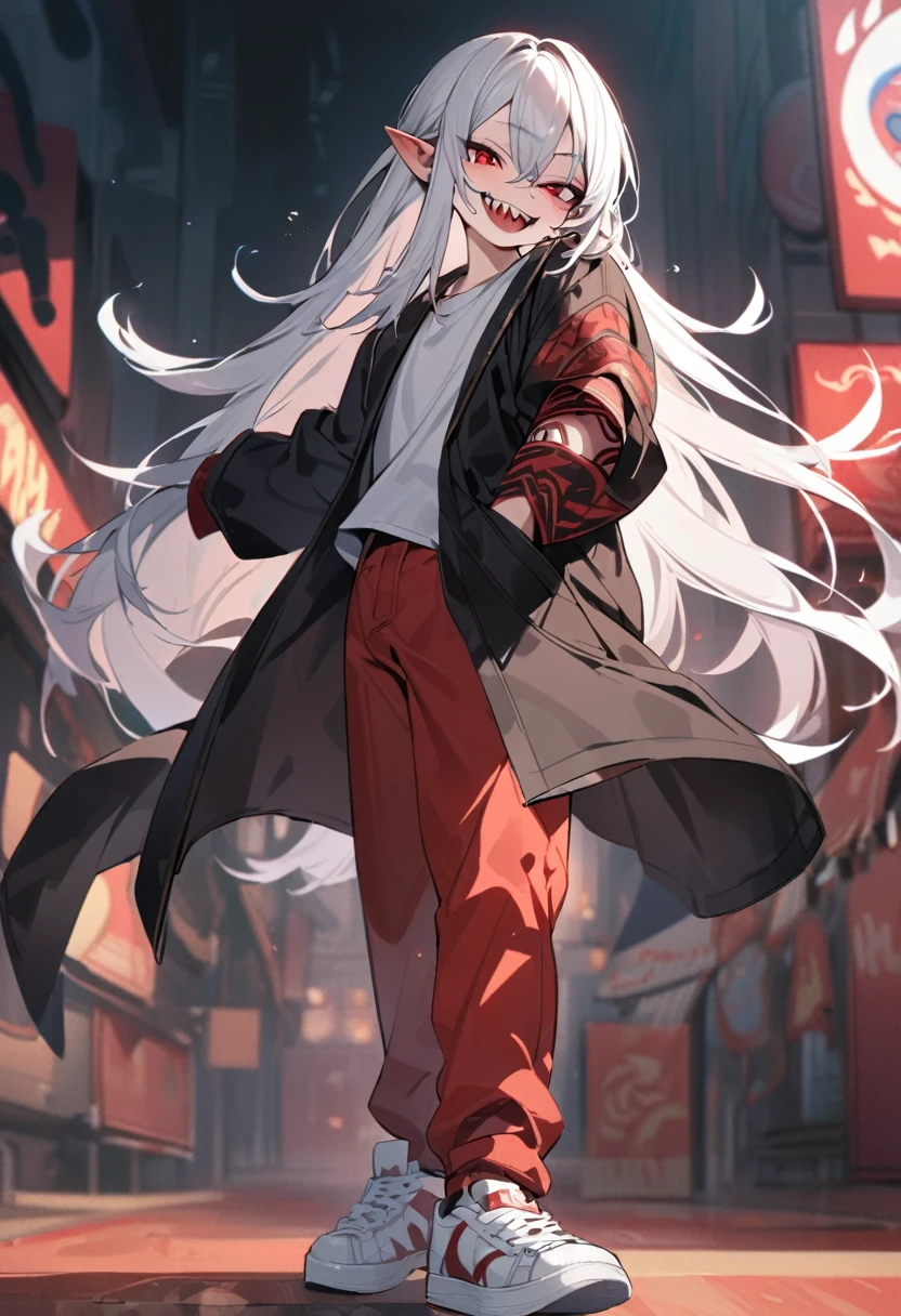 Boy, white hair, long straight hair, red eyes, wild smile, sharp teeth, pointed ears, fair skin, long black coat, white shirt, red pants, white sneakers, red tribal tattoos on arms, red facial tattoo, high quality, 4K, anatomically correct