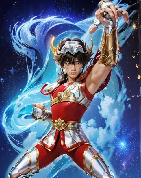 masterpiece, Highest quality, (非常に詳細な CG Unity 8k 壁紙), (Highest quality), (Best illustrations), (Best Shadow), Absurd, Realistic lighting, (abyss), Beautiful sparkle, RAW Photos, masterpiece :1.2, Realistically, Photo Real : 1.4, Handsome man from Seiya poses as Saint Pegasus, 8k, Highest quality, Highest quality, High resolution, High resolution, High resolution, Super Detail, Highest quality, Anatomically correct, 超High resolution