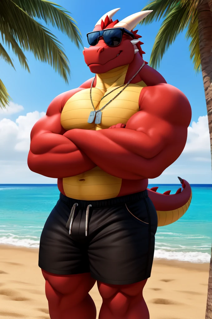 Dragon, male, solo, beach, shirtless , black shorts, sick shades, big body, hot male, arms crossed, 4k, 8k, dog tag 