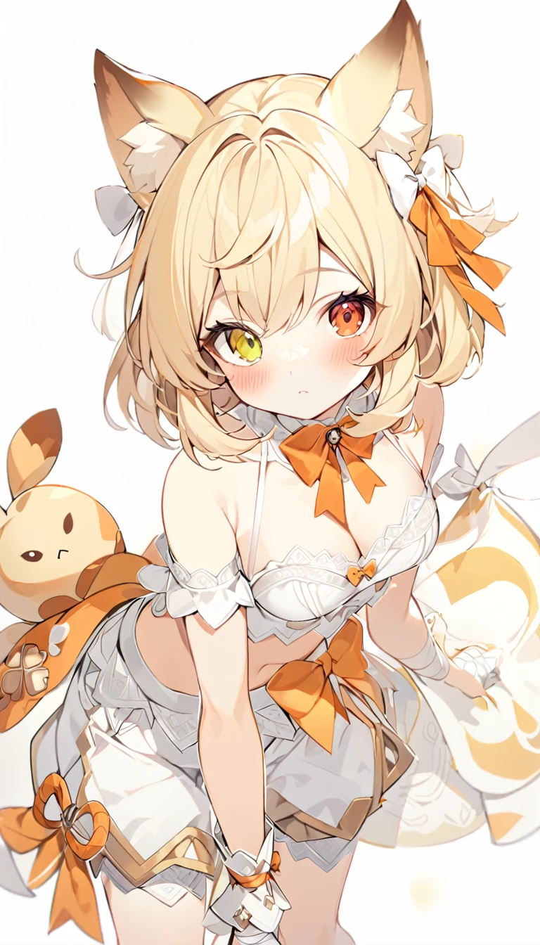 The fox girl,1girl,short hair, The hairstyle is like Klee's,animal ears, bangs, bare shoulders, blonde hair, blush, bow, breasts, white cleavage, cropped torso, , green eyes, hair ribbon, heterochromia, , looking at viewer, , orange bow, orange eyes, orange ribbon, ribbon, solo, stuffed animal, , , twintails, upper body, full-length, white legbands, white shoes with lace and white bows, white background, wrist cuffs, yellow eyes, bloomers, close-up, fair skin frills, lace, midriff, skirt, solo, , white background,shorts, white top with ribbon and lace and trousers,trousers, genshin,white slippers with a bow,All clothes are white, laceAt full height, it stands,bandaged hands, short hair , ankle lace-up, ankle ribbon, bow, leg ribbon, lineart, , shoes, , standing, , white bow, white footwear,