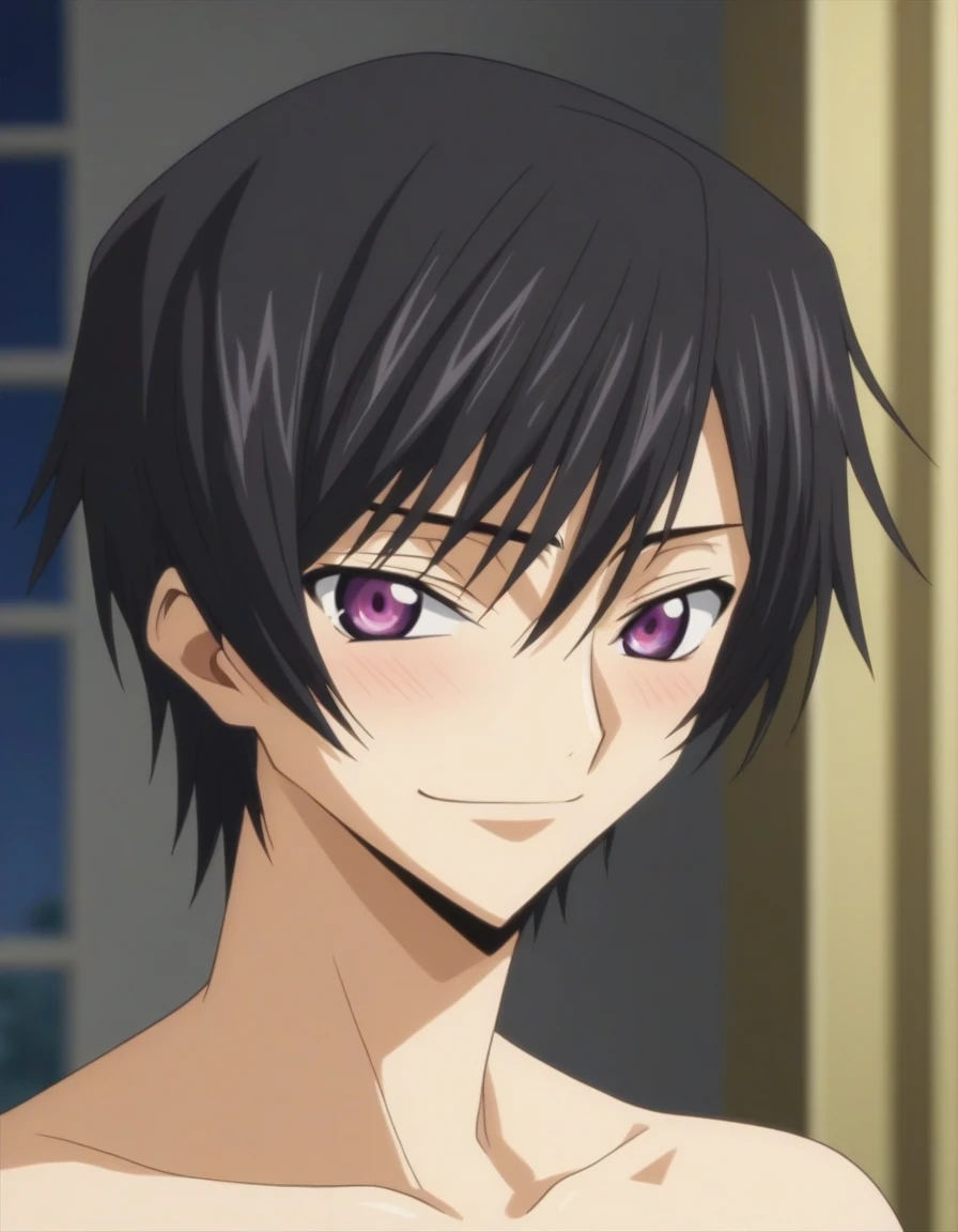 score_9, score_8_up, score_7_up, source_anime, rating_safe, intricate details, anime screencap, , , looking at viewer, depth of field, 1boy, solo, male focus, lelouch_lamperouge, black hair, purple eyes, bangs, smile, blush, cute, naked, castle, bedroom, night.