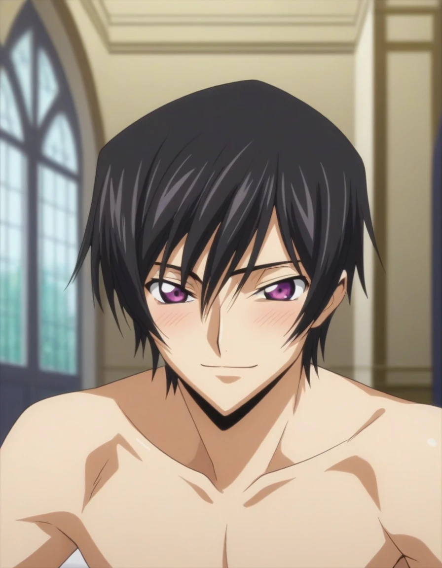 score_9, score_8_up, score_7_up, source_anime, rating_safe, intricate details, anime screencap, , , looking at viewer, depth of field, 1boy, solo, male focus, lelouch_lamperouge, black hair, purple eyes, bangs, smile, blush, cute, naked, castle, bedroom, night.