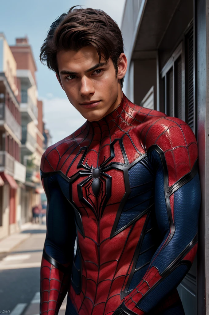 A photograph of spider man, no mask, 20 yo, handsome, detailed face, looking at camera, portrait, 8k uhd, high quality