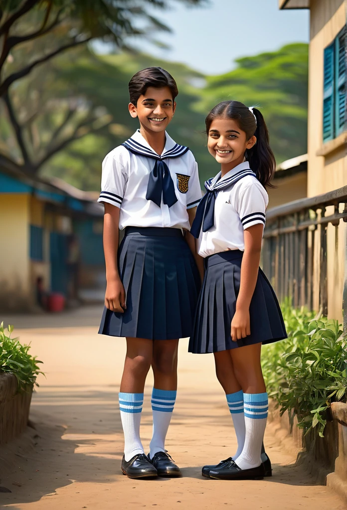 A heartwarming moment between an Indian 20 year old brother and sister, both dressed in their distinctive school uniforms. The brother, with his short hair neatly combed and a mischievous smile, is slightly taller than his sister, which suggests a protective nature. He is clad in navy blue shorts that hit just above the knee, paired with crisp, white socks that fold down at the ankles, revealing a hint of his bare skin. His short sleeve shirt, a vibrant shade of light blue, matches the color of the school emblem proudly stitched onto the pocket. The sister, on the other hand, is a vision of innocence and charm with her dark hair tied back into a high ponytail, showcasing her delicate features. She wears a pleated skirt in the same navy blue as her brother's shorts, reaching just below her knees and complemented by a pair of thigh-high socks adorned with white stripes, reminiscent of a sailor's attire. Her white blouse, featuring a sailor collar with a cute bow at the neck, adds a touch of elegance to her ensemble. The siblings stand in a playful embrace, the brother leaning down slightly to plant a gentle kiss on his sister's forehead. The soft, warm light bathes the scene, highlighting their pure and loving bond. The background is a blur of lush greenery, hinting at their schoolyard setting where such tender moments often unfold amidst the hustle and bustle of academic life. The vibrant colors of their uniforms stand out against the serene backdrop, creating a poignant contrast of youthful exuberance and the tranquility of the environment. The picture captures a fleeting second of their shared childhood, a testament to the unspoken love and camaraderie that exists between siblings, transcending the boundaries of their school routine, cute detailed face ,