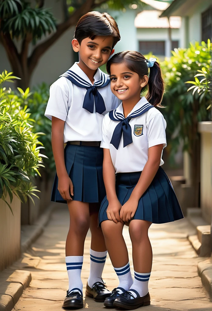 A heartwarming moment between an Indian 20 year old brother and sister, both dressed in their distinctive school uniforms. The brother, with his short hair neatly combed and a mischievous smile, is slightly taller than his sister, which suggests a protective nature. He is clad in navy blue shorts that hit just above the knee, paired with crisp, white socks that fold down at the ankles, revealing a hint of his bare skin. His short sleeve shirt, a vibrant shade of light blue, matches the color of the school emblem proudly stitched onto the pocket. The sister, on the other hand, is a vision of innocence and charm with her dark hair tied back into a high ponytail, showcasing her delicate features. She wears a pleated skirt in the same navy blue as her brother's shorts, reaching just below her knees and complemented by a pair of thigh-high socks adorned with white stripes, reminiscent of a sailor's attire. Her white blouse, featuring a sailor collar with a cute bow at the neck, adds a touch of elegance to her ensemble. The siblings stand in a playful embrace, the brother leaning down slightly to plant a gentle kiss on his sister's forehead. The soft, warm light bathes the scene, highlighting their pure and loving bond. The background is a blur of lush greenery, hinting at their schoolyard setting where such tender moments often unfold amidst the hustle and bustle of academic life. The vibrant colors of their uniforms stand out against the serene backdrop, creating a poignant contrast of youthful exuberance and the tranquility of the environment. The picture captures a fleeting second of their shared childhood, a testament to the unspoken love and camaraderie that exists between siblings, transcending the boundaries of their school routine, cute detailed face ,