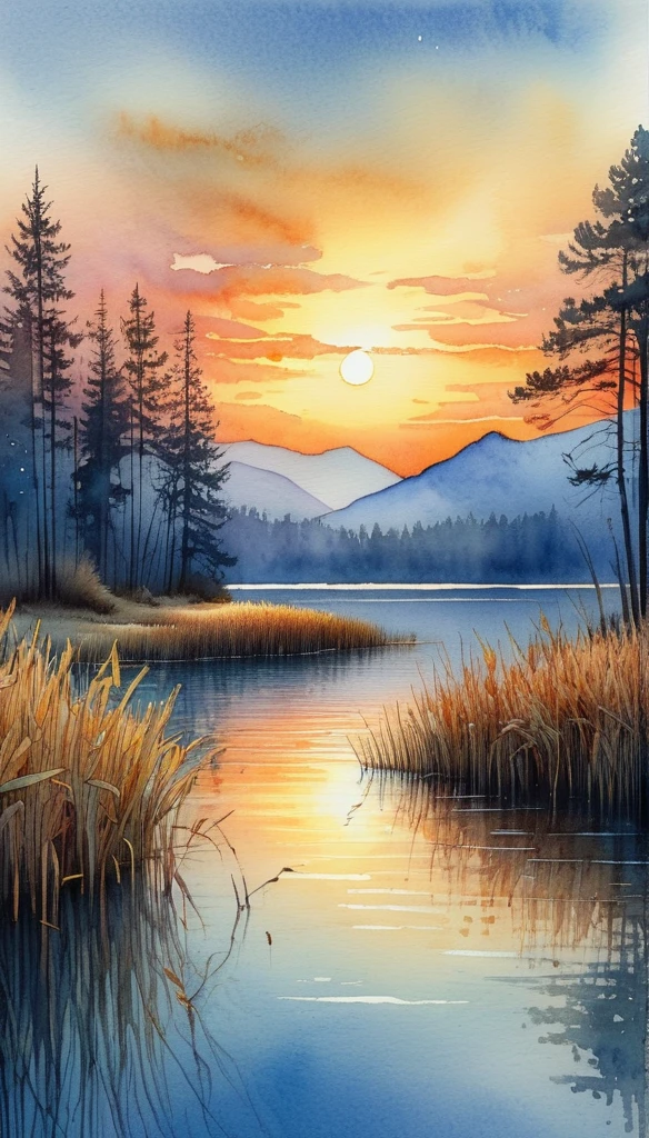 breathtaking A watercolor and ink sketch of a serene lakeside landscape at sunset. The scene is tranquil and detailed, with tall grasses and reeds in the foreground, reflected perfectly in the still lake water. Beyond the lake, dense forests of evergreen trees rise against the backdrop of a layered mountain range. The sky is a masterpiece of watercolor art, with soft gradients of orange, yellow, and pale blue depicting the setting sun and its reflection on the clouds and water. The style is a blend of detailed graphic sketching and ink and wash watercolor, giving the landscape depth and texture. The overall composition is peaceful and harmonious, capturing the quiet beauty of nature, with each element â from the blades of grass to the distant mountains â carefully outlined and shaded, all within a 16:9 aspect ratio. . award-winning, professional, highly detailed