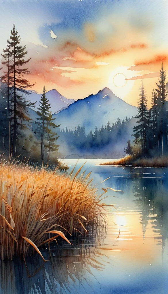 breathtaking A watercolor and ink sketch of a serene lakeside landscape at sunset. The scene is tranquil and detailed, with tall grasses and reeds in the foreground, reflected perfectly in the still lake water. Beyond the lake, dense forests of evergreen trees rise against the backdrop of a layered mountain range. The sky is a masterpiece of watercolor art, with soft gradients of orange, yellow, and pale blue depicting the setting sun and its reflection on the clouds and water. The style is a blend of detailed graphic sketching and ink and wash watercolor, giving the landscape depth and texture. The overall composition is peaceful and harmonious, capturing the quiet beauty of nature, with each element â from the blades of grass to the distant mountains â carefully outlined and shaded, all within a 16:9 aspect ratio. . award-winning, professional, highly detailed 