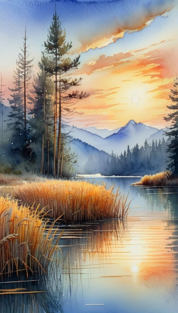 breathtaking A watercolor and ink sketch of a serene lakeside landscape at sunset. The scene is tranquil and detailed, with tall grasses and reeds in the foreground, reflected perfectly in the still lake water. Beyond the lake, dense forests of evergreen trees rise against the backdrop of a layered mountain range. The sky is a masterpiece of watercolor art, with soft gradients of orange, yellow, and pale blue depicting the setting sun and its reflection on the clouds and water. The style is a blend of detailed graphic sketching and ink and wash watercolor, giving the landscape depth and texture. The overall composition is peaceful and harmonious, capturing the quiet beauty of nature, with each element â from the blades of grass to the distant mountains â carefully outlined and shaded, all within a 16:9 aspect ratio. . award-winning, professional, highly detailed