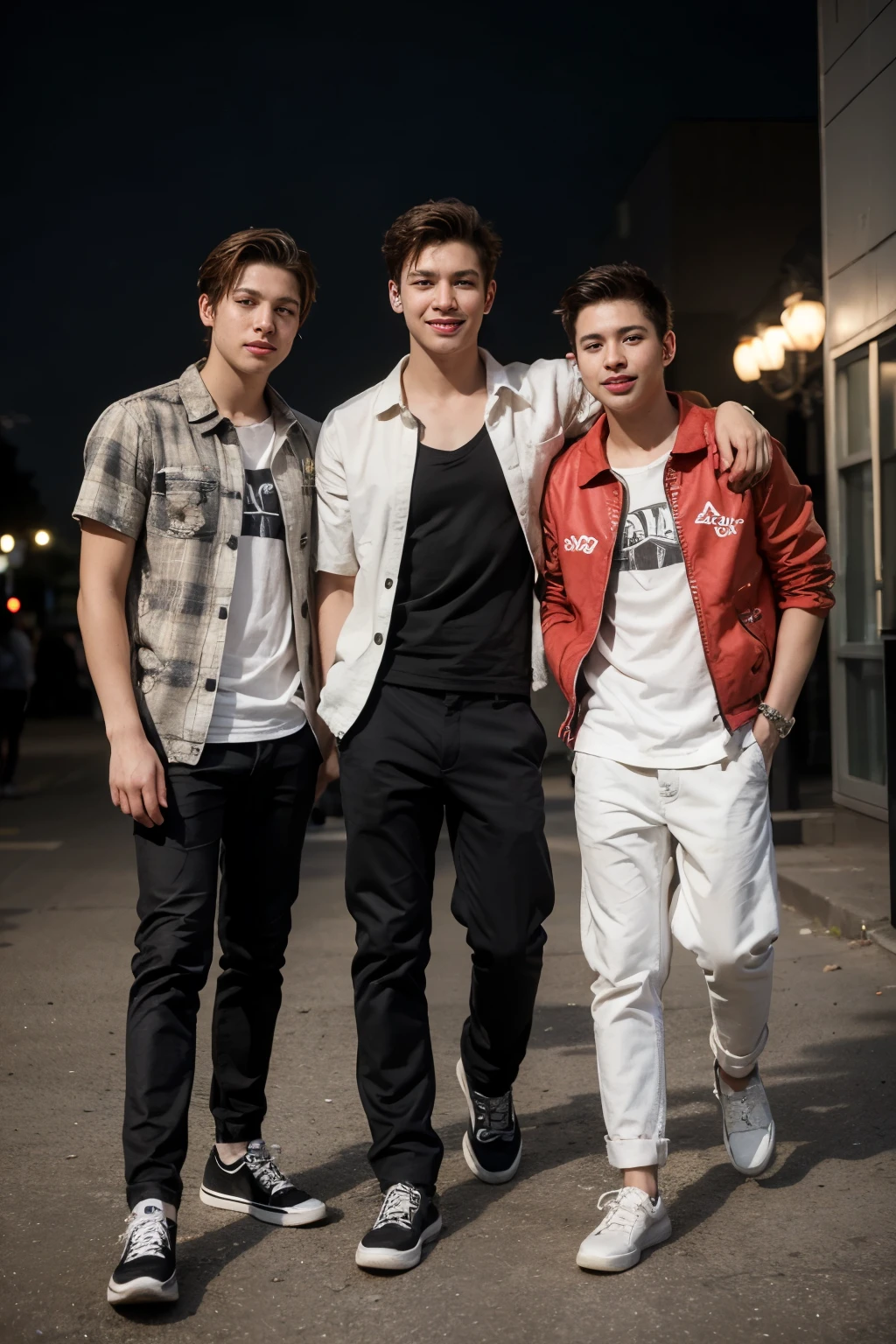 ((Highest quality)), ((masterpiece)), Three boys, Young Male Idol, cool, A fun and bright atmosphere, Group photo