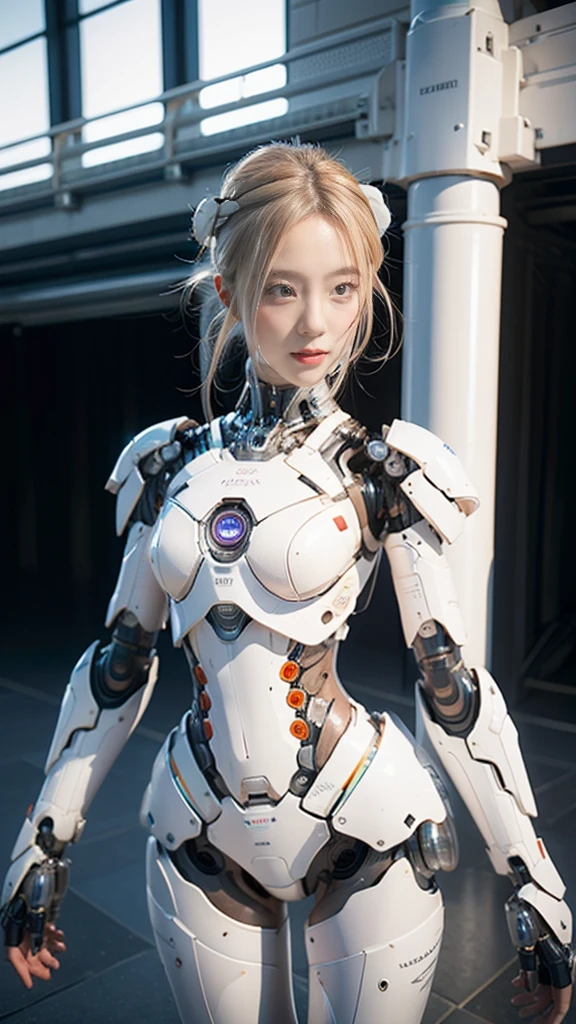 {{best quality, 1080P, Masterpiece, Ultra high resolution, photorealistic, ultra realism, Realistic skin texture, Extreme skin detail, dslr, Detailed eyes, blue eyes,  Facing the camera, very beautiful face, Concise facial structure, Pale skin, Realistic skin texture, Extreme skin detail, oc render reflection textures, Realistic light and shadow, Single picture, alone, The body is slim and balanced., Age 20, Height 170, naked girl, NUDE, no underwear, A girl with the body of a mechanical robot., Transparent futuristic black glass mech armor suit, The mechanical cervix is attached to the neck., flat stomach, Woman with perfect robot arms and legs, full body view, Whole body photo.}}