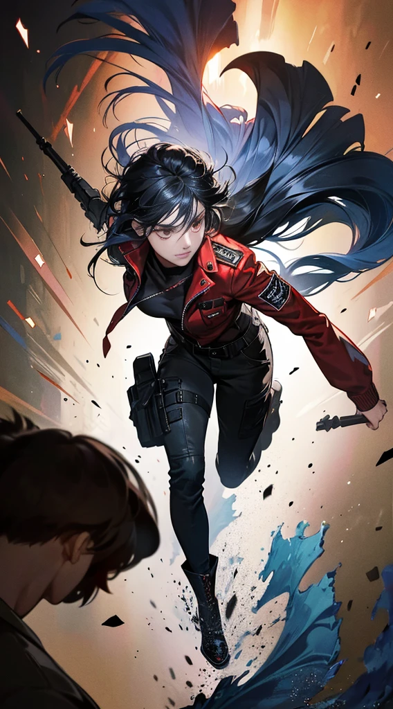 (Best Quality,4K,High resolution),male people，twinkan with a feminine face，Young Face，Blue mesh hair on black hair，disheveled boyish hair，Clear eyes，Red Eyeilitary jacket，Cargo pants，Combat boots，Realistic illustrations delicately expressed in detail，animesque，comic strip，Multiple flying crows，facing the front there，Red glowing eyes，Facial expression enhancement，Delicate illustrations expressed in detail，cross belt，Realistic portrayal，Vibrant colors，Ruins，Classic dark background