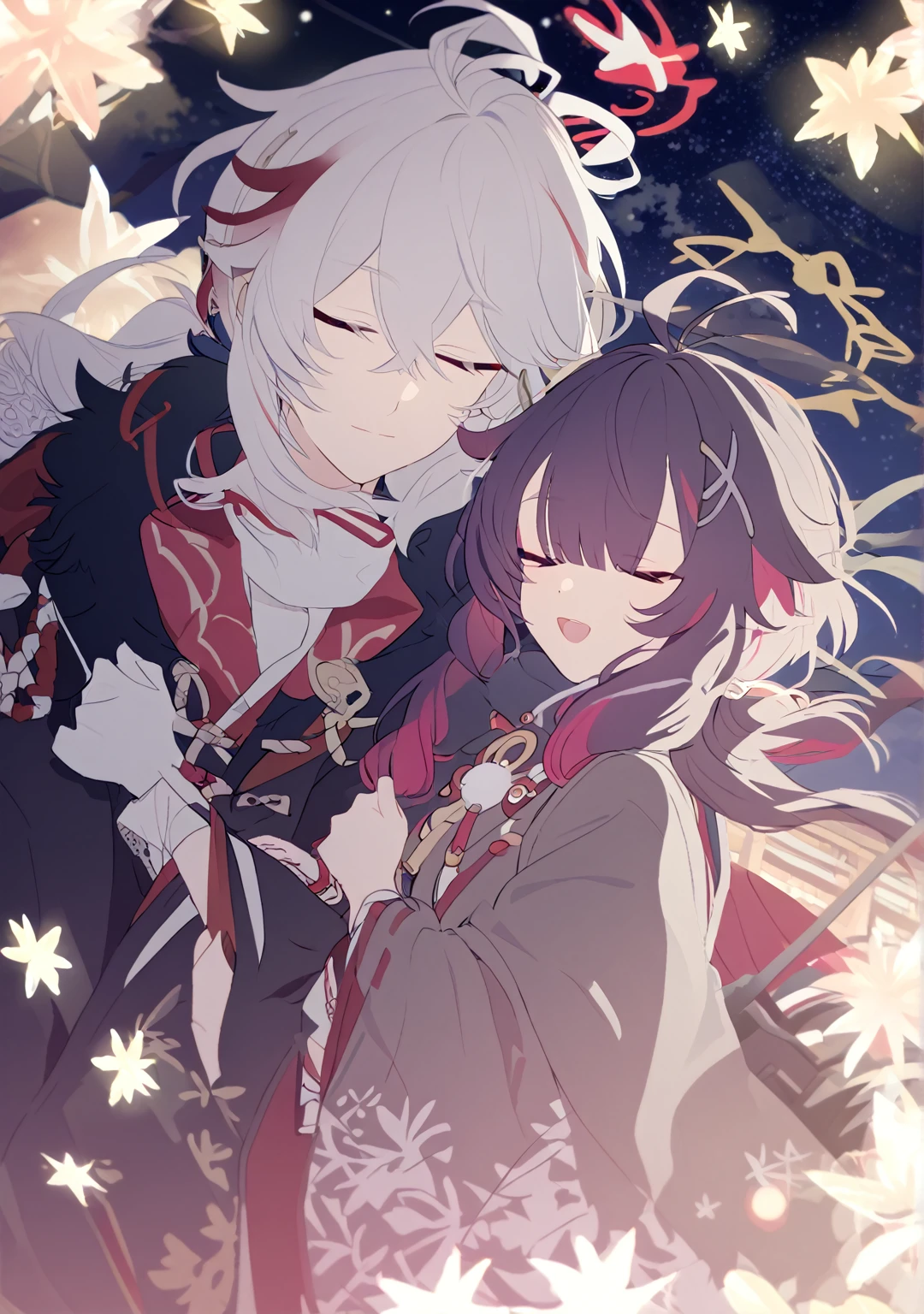 Man and woman couple, couple, walking under the stars, at night, a little stuck, 1 girl, Columbina, multicilor hair, two color hair, colored inner hair, decoration for your hair, black fur, dark fur, with red outline, closed eyes, 1 chico, Kaedehara Kazuha, white hair with a red streak, hair ornament