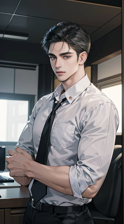 (best quality, masterpiece, 8K, photorealistic, cinematic lighting, hdr image, ultra detailed, beautiful image), 1 man, 31 years old, mature man, very handsome, (without expression, serious), short black hair, blue grey eyes ( penetrating gaze), perfect face without errors, imposing posture, without errors, businessman, office background