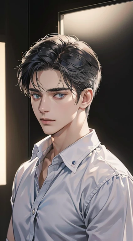 (best quality, masterpiece, 8K, photorealistic, cinematic lighting, hdr image, ultra detailed, beautiful image), 1 man, 31 years old, mature man, very handsome, (without expression, serious), short black hair, blue grey eyes ( penetrating gaze), perfect face without errors, imposing posture, without errors, businessman, office background