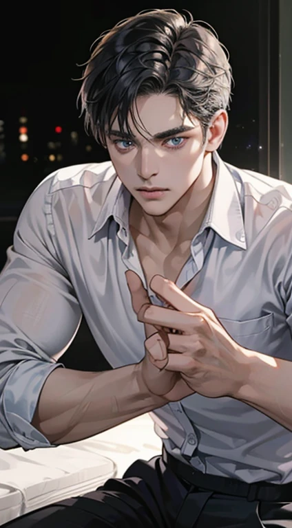 (best quality, masterpiece, 8K, photorealistic, cinematic lighting, hdr image, ultra detailed, beautiful image), 1 man, 31 years old, mature man, very handsome, (without expression, serious), short black hair, blue grey eyes ( penetrating gaze), perfect face without errors, imposing posture, without errors, businessman, office background