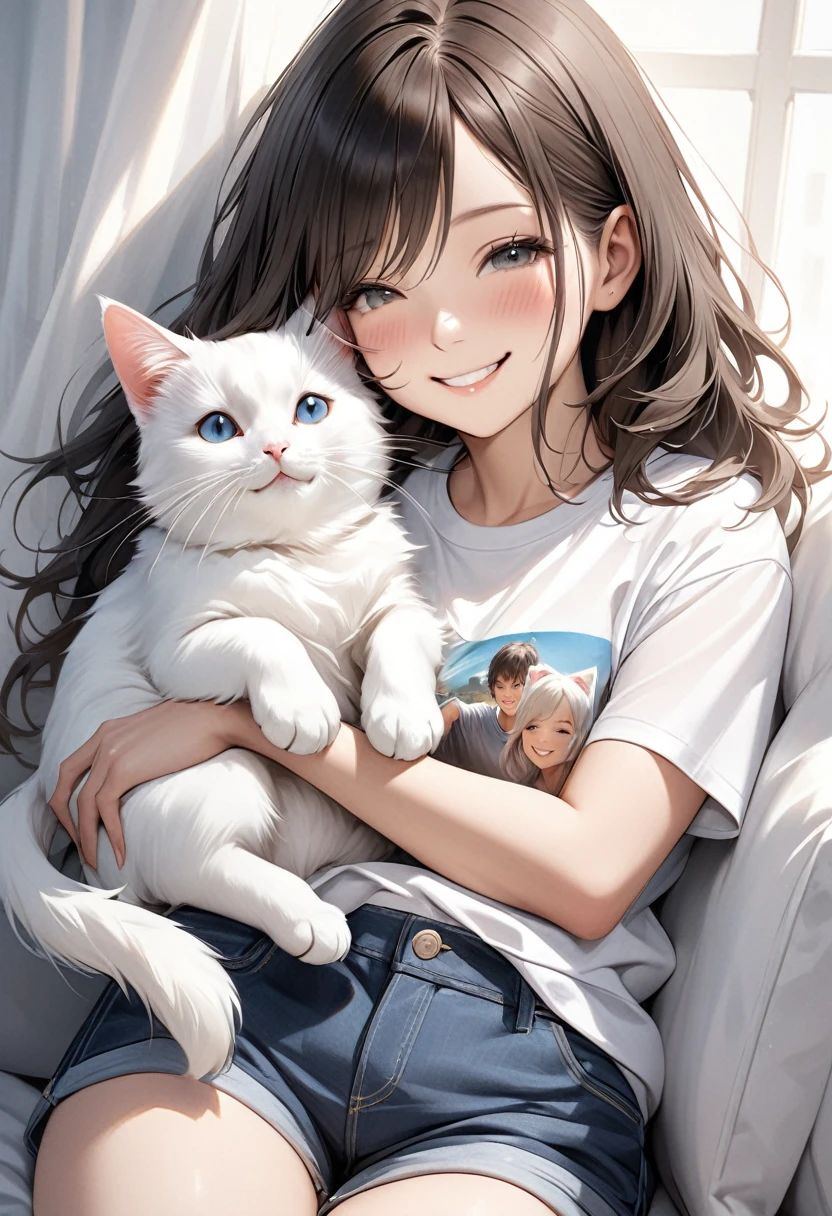 Super realistic T-shirt, shorts, hugging a white cat, smiling face