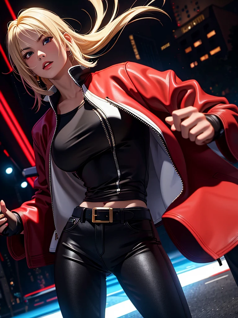 25-year-old woman, alone, blonde hair, red jacket, black t-shirt, black belt and black pants, black fingerless exercise gloves, annoyed look, expelling great blue power, cinematic, ultra-sharp focus, photography award winning, perfect contrast, high sharpness, depth of field, ultra detailed photography, global illumination, fluid, ultra high definition, 8k, Unreal Engine 5, ultra sharp focus, award winning photography, art station trends
