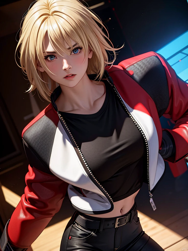 25-year-old woman, alone, blonde hair, red jacket, black t-shirt, black belt and black pants, black fingerless exercise gloves, annoyed look, expelling great blue power, cinematic, ultra-sharp focus, photography award winning, perfect contrast, high sharpness, depth of field, ultra detailed photography, global illumination, fluid, ultra high definition, 8k, Unreal Engine 5, ultra sharp focus, award winning photography, art station trends
