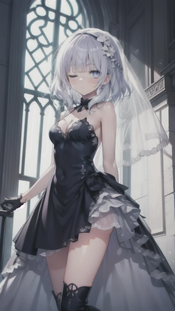 A girl，************，Short hair, Bangs, White hair, Hair between the eyes, Purple Eyes:（1.5),  (Medium breasts:1.2), 
rest  锁骨, Wedding dress，veil，wedding，Black dress，Flowers，dress，Black socks，Black knee socks，Black gloves，Long boots，Cleavage，
Looking at the audience, whole body, Open your mouth，lol，
indoors, church，permanent，permanent，微lol，With one eye closed，
rest (masterpiece:1.2), best quality, high resolution,  8k wallpaper, (illustration:0.8), (Beautiful and delicate eyes:1.6), Extremely detailed face, Perfect lighting, Extremely detailed CG, (Perfect hands, Perfect anatomical structure),