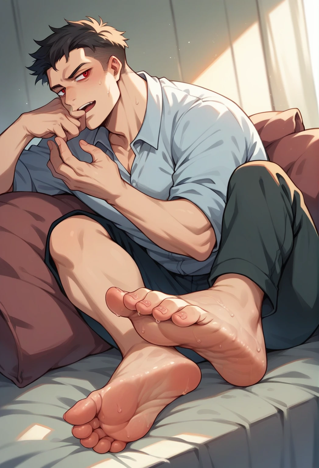 Sweaty feet, detailed feet, shirt wet with sweat