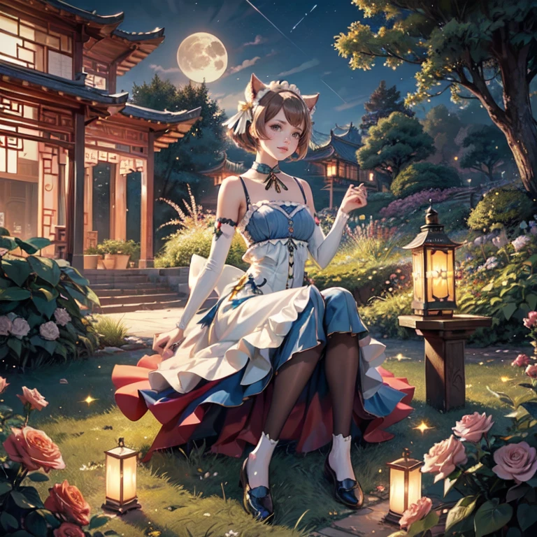 1girl, white roses, ornament hair, cat ears, roses on her hair, maid, maid dress, maid headdress, maid apron, light brown hair, short hair, seat on the grass, garden scene, Chinese maid dress, gold lantern, blue dress, more details on her clothes, golden details, night, smiling, chinese style, solo, alone, crystal, curtains, full moon on the sky, laces, frills, sparkles, fireflies, seat on the grass, chinese architecture on the background, white roses on the floor, oriental garden scenery, solo, 1 girl