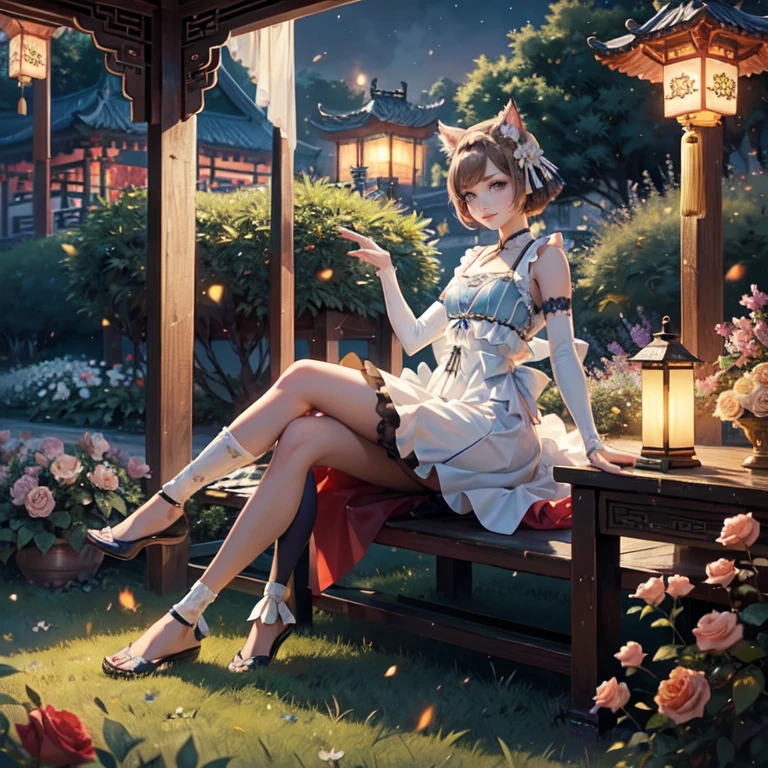 1girl, white roses, ornament hair, cat ears, roses on her hair, maid, maid dress, maid headdress, maid apron, light brown hair, short hair, seat on the grass, garden scene, Chinese maid dress, gold lantern, blue dress, more details on her clothes, golden details, night, smiling, chinese style, solo, alone, crystal, curtains, full moon on the sky, laces, frills, sparkles, fireflies, seat on the grass, chinese architecture on the background, white roses on the floor, oriental garden scenery, solo, 1 girl