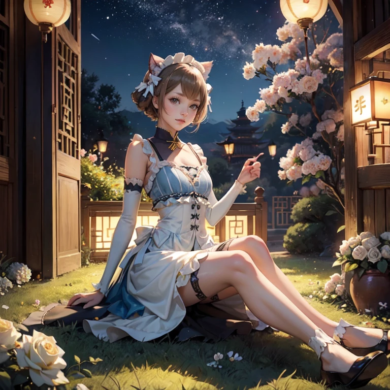 1girl, white roses, ornament hair, cat ears, roses on her hair, maid, maid dress, maid headdress, maid apron, light brown hair, short hair, seat on the grass, garden scene, Chinese maid dress, gold lantern, blue dress, more details on her clothes, golden details, night, smiling, chinese style, solo, alone, crystal, curtains, full moon on the sky, laces, frills, sparkles, fireflies, seat on the grass, chinese architecture on the background, white roses on the floor, oriental garden scenery, solo, 1 girl