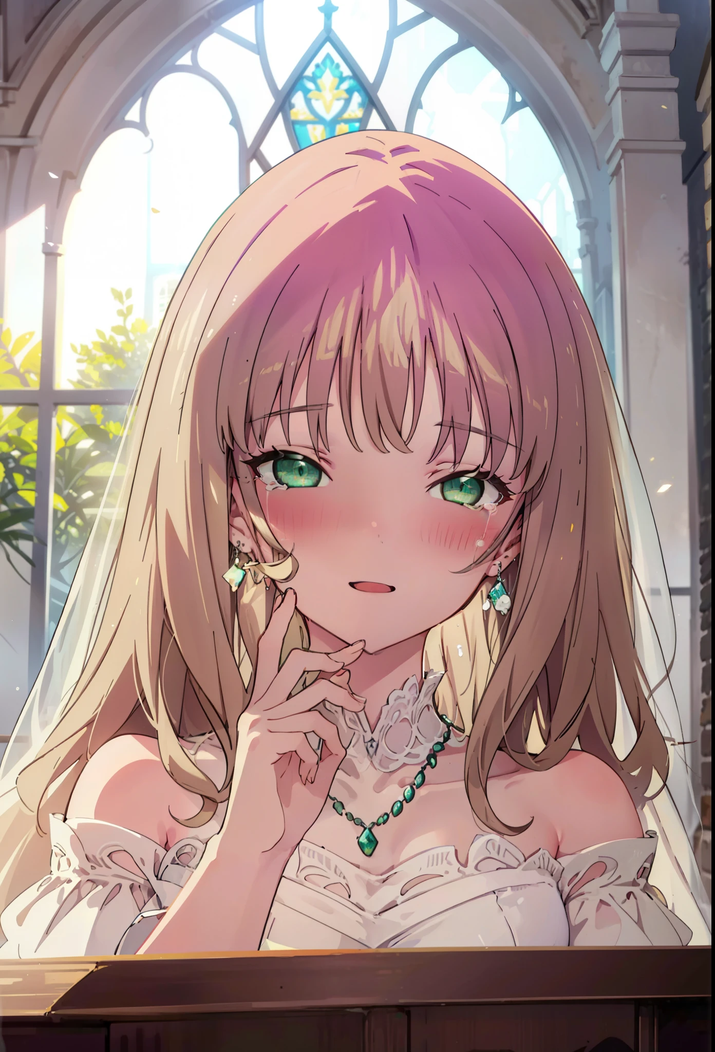 minami yume ,sss Dynazenon ,Long Hair, Brown Hair, (Green Eyes:1.5) ,blush,happy smile, smile, Open your mouth,Off-the-shoulder wedding dresses,Wedden Skirt,necklace,Veil,bouquet,Close both eyes,Tears stream down her face,Tears of joy,I cry a lot,
break looking at viewer, whole body,(Cowboy Shot:1. 5) break indoors, Chapel,church, break (masterpiece:1.2), Highest quality, High resolution, unity 8k wallpaper, (shape:0.8), (Beautiful attention to detail:1.6), Highly detailed face, Perfect lighting, Highly detailed CG, (Perfect hands, Perfect Anatomy),