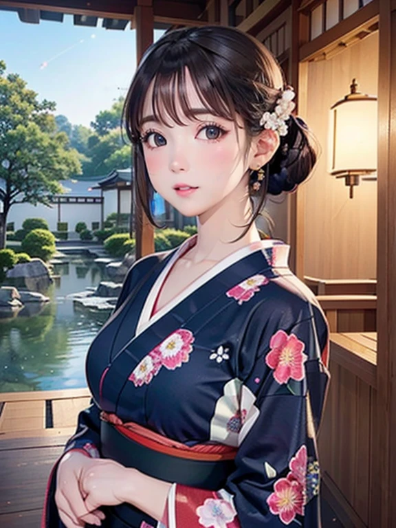 (Highest quality、 8k wallpaper、masterpiece、High resolution)、Vibrant colors、Ample breasts、Black hair in a Japanese round topknot、Brown-black bob、Beautiful girl in yukata、Vivid floral pattern、whole body、(Highly detailed face and eyes、Beautiful Face、Beautiful Eyes、Beautiful nose、Pretty lips)、A friendly gaze、above the knee shot、Highly detailed background、Japanese garden、moonlight、Full moon and starry sky、Official Art、