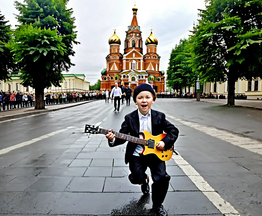 Joseph Barbara playing Electric Guitar running outside Church at Moscow 