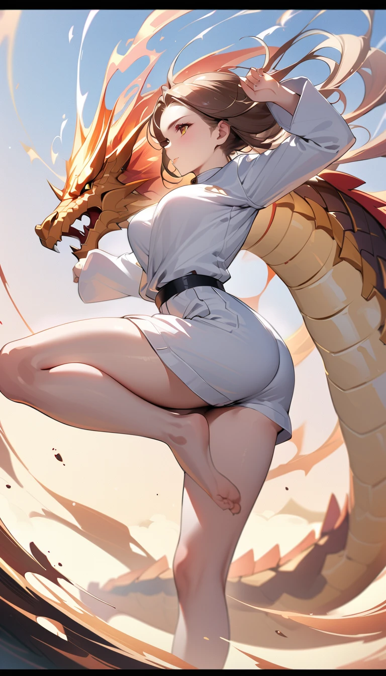 ((Highest quality、masterpiece、anime style、best quality、high resolution、8k、detailed、ultra-detailed:1.3))、Long legs、Sharp focus:1.2, Beautiful woman with perfect figure:1.4、(Smiling:1.2), double eyelid、30-year-old female、Sexy pose、((((Close your mouth、One Woman、white karate uniform:1.5)))),The background is a different world、A woman fights a dragon、movement,dynamism,high kick,movement