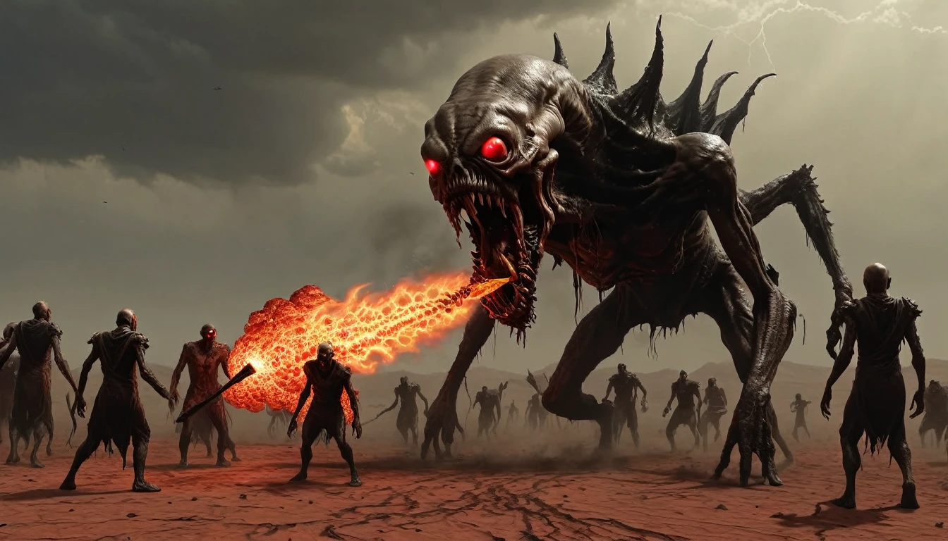 Masterpiece, best quality:1.2), in (full shot:4.1) of lot of 9monsters, ghouls, zombies, (spitting fire on the ground:4.5) (the undead horde surges across the desert, surrounding and invading a spaceship. A space creature appears with red eyes glowing with an eerie light, spitting fire and its mouth twisted into a grotesque snarl:3.5), inspired by Zdzislaw Beksinski and Peter Gric, (with Creepy, Sci-Fi, Fantasy and Horror:2.5) retro sci fi, Horror movie, very detailed body, moody