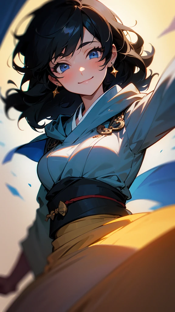 Alone, high resolution, looking at the viewer, SMILE, short hair, blue eyes, hood, anatomically correct, high resolution, short hair, black hair, wavy hair, much hair, breasts, earrings, earrings de media luna, light blush, SMILE satisfecha, laughing, SMILE malvada, simple background, depth of field, rays of god, chiaroscuro, illustration, cheered up, animated style, apocalypse, Japanese illustration style,