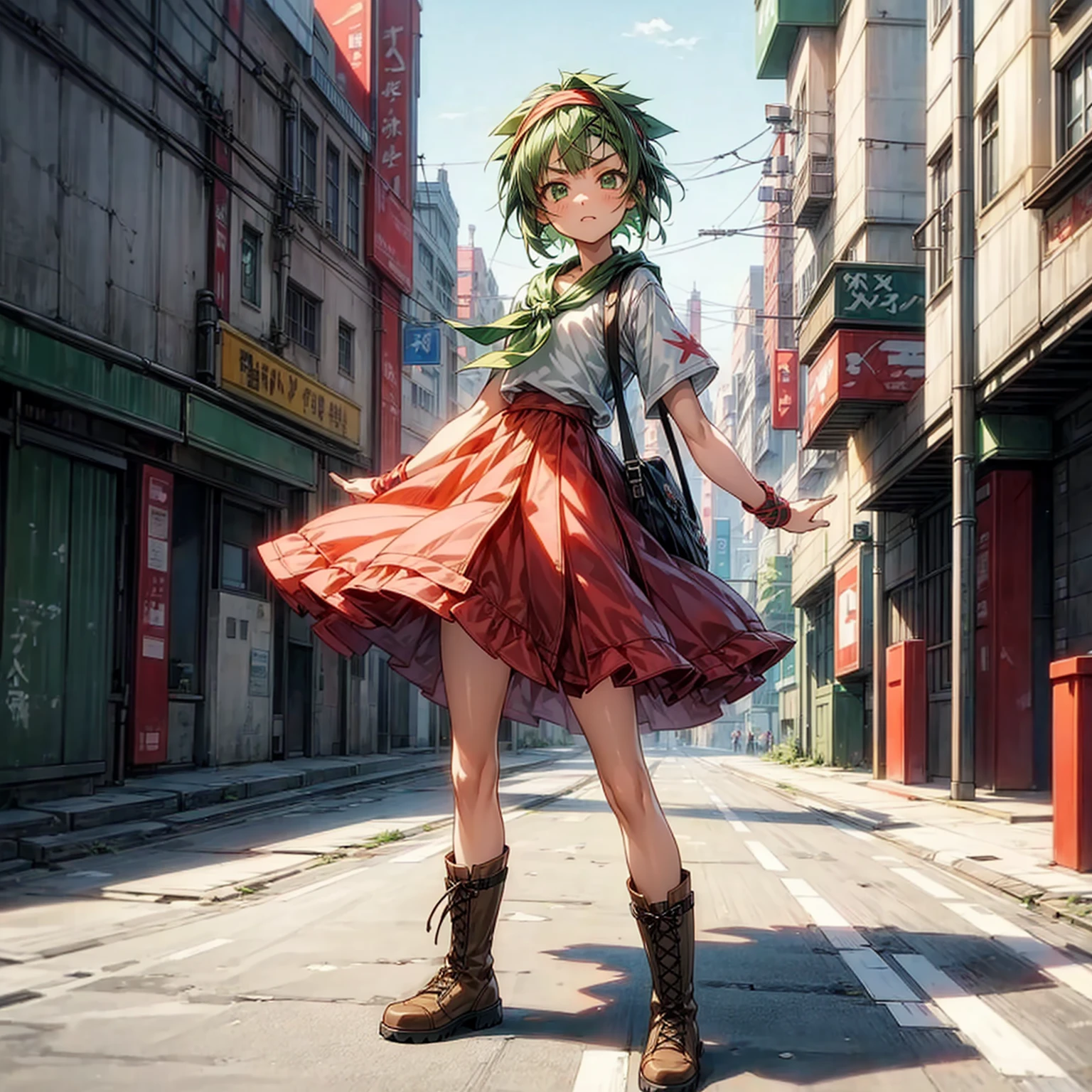 1children girl, Full body version, 1character, green eyes, short haircut, green color hair, casual style clothing, red colour clothing, headband bandana, boots, Grassroots, background in city street, motion blur, (Hunter x Hunter style art), standing gesture, cute face