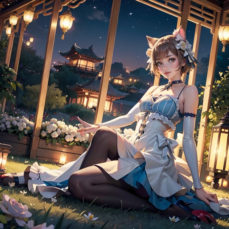 1girl, white roses, ornament hair, cat ears, roses on her hair, maid, maid dress, maid headdress, maid apron, light brown hair, short hair, seat on the grass, garden scene, Chinese maid dress, gold lantern, blue dress, more details on her clothes, golden details, night, smiling, chinese style, solo, alone, crystal, curtains, full moon on the sky, laces, frills, sparkles, fireflies, seat on the grass, chinese architecture on the background, white roses on the floor, oriental garden scenery, solo, 1 girl