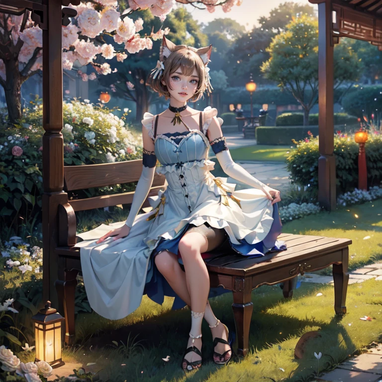 1girl, white roses, ornament hair, cat ears, roses on her hair, maid, maid dress, maid headdress, maid apron, light brown hair, short hair, seat on the grass, garden scene, Chinese maid dress, gold lantern, blue dress, more details on her clothes, golden details, night, smiling, chinese style, solo, alone, crystal, curtains, full moon on the sky, laces, frills, sparkles, fireflies, seat on the grass, chinese architecture on the background, white roses on the floor, oriental garden scenery, solo, 1 girl