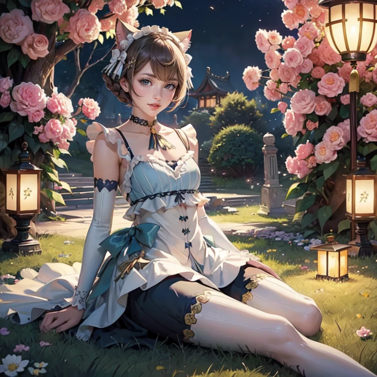 1girl, white roses, ornament hair, cat ears, roses on her hair, maid, maid dress, maid headdress, maid apron, light brown hair, short hair, seat on the grass, garden scene, Chinese maid dress, gold lantern, blue dress, more details on her clothes, golden details, night, smiling, chinese style, solo, alone, crystal, curtains, full moon on the sky, laces, frills, sparkles, fireflies, seat on the grass, chinese architecture on the background, white roses on the floor, oriental garden scenery, solo, 1 girl